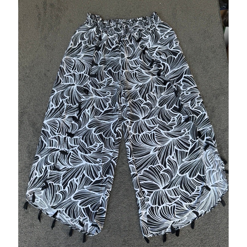 Blue‎ Island Black White Floral Tassel Split Leg Wide Palazzo Pants L 6486-1501